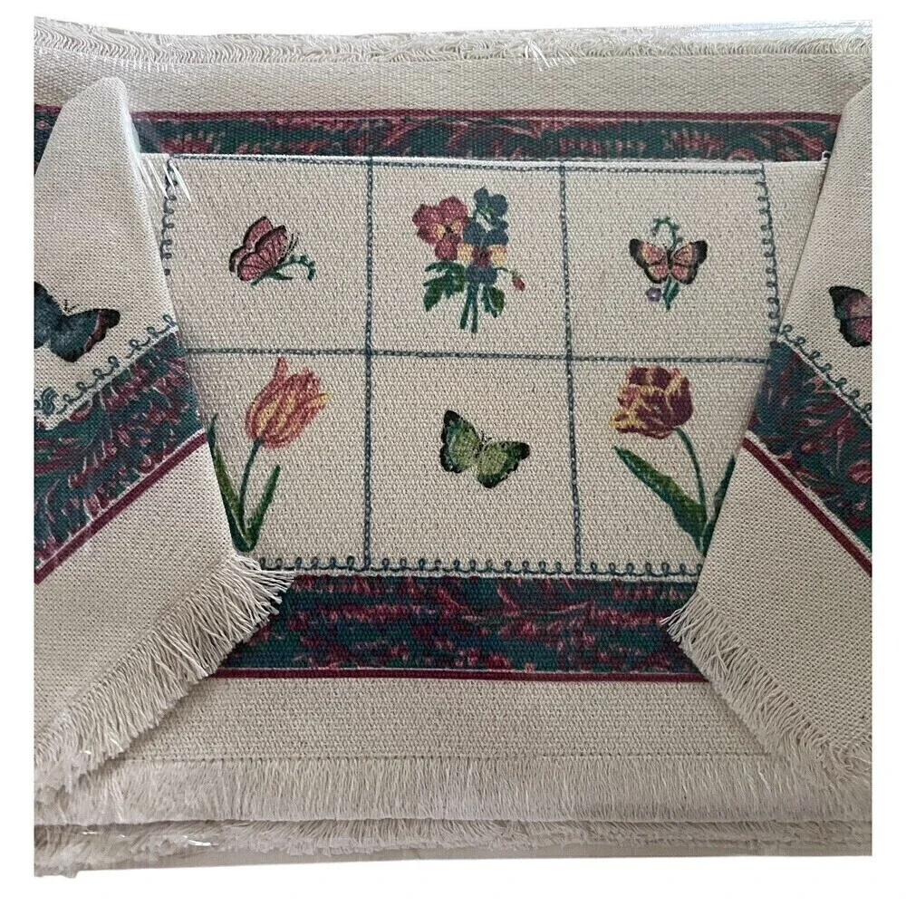 Vintage Stevens Linen Placemats Napkins Cup Towel Original Packaging Butterflies
